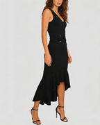 Women's Elastic V-Neck Metal Buckle Fishtail Midi Dress | District Hurd Limited
