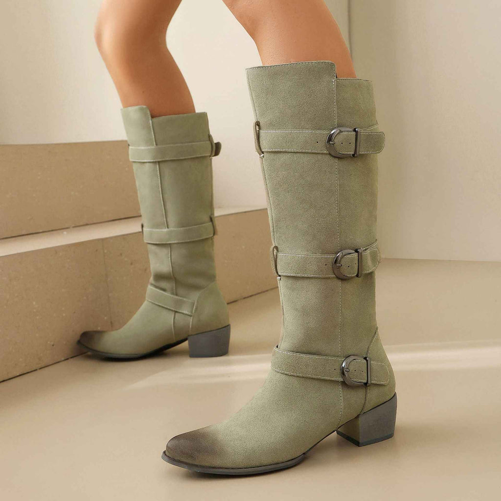 Women's Suede Over-the-Knee Boots with Chunky Heel & Belt Buckle | District Hurd Limited