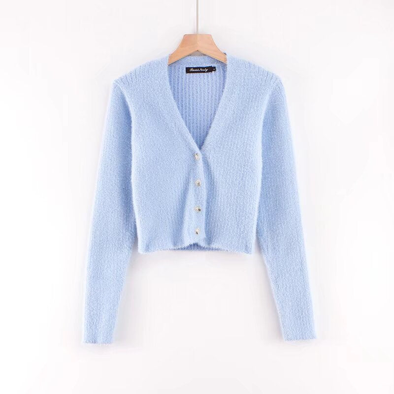 Women Slim Deep V-neck Long Sleeve Cardigan Sweater