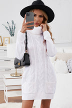 Olive Cowl Neck Cable Knit Sweater Dress
