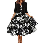 Two-piece long dress with floral and grass print round neckline