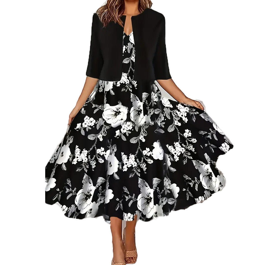Two-piece long dress with floral and grass print round neckline