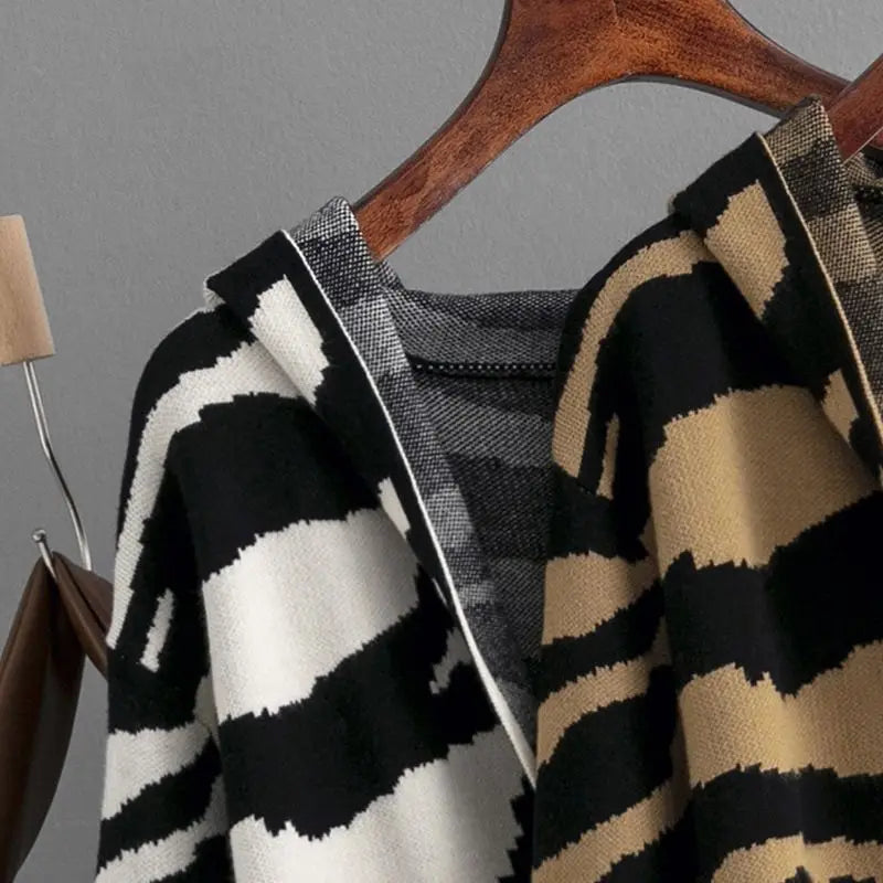 Zebra Patern Open Stitch Women Cardigans Long Knit Female Outerwear Women Hooded Cardigans With Pocket Autumn Winter Coa