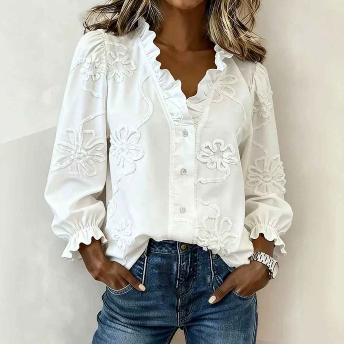 Women's Bamboo Cotton Embroidered V-Neck Shirt | District Hurd Limited