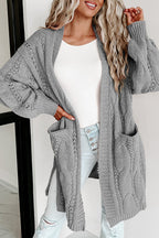 Ribbed Trim Eyelet Cable Knit Cardigan