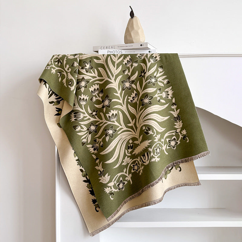185x65cm Vintage Floral Faux Cashmere Scarf for Women, Thick Warm Neck Wrap