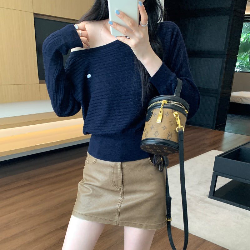 Relaxed Shoulder-Baring Cable Knit Sweater for Women
