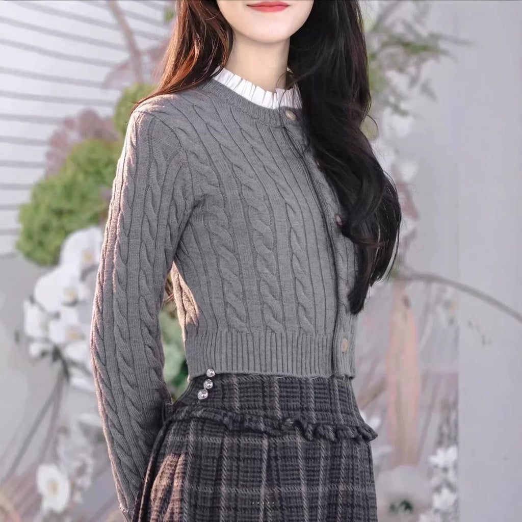 Gray Knit Cable Knit Sweater Plaid Skirt