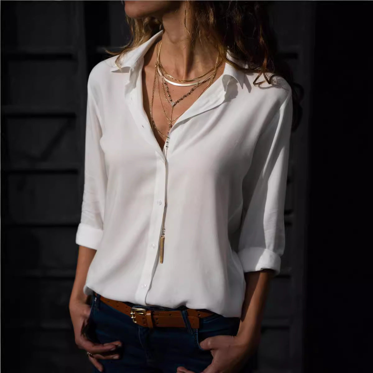 Long Sleeve Deep V-Neck Buttoned Chiffon Blouse
