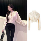 Women's Pleated Velvet V-Neck Blouse | District Hurd Limited