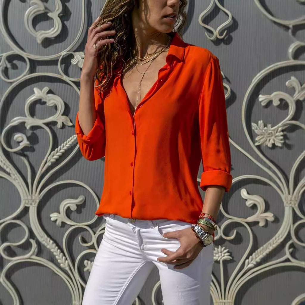 Long Sleeve Deep V-Neck Buttoned Chiffon Blouse