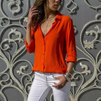 Long Sleeve Deep V-Neck Buttoned Chiffon Blouse