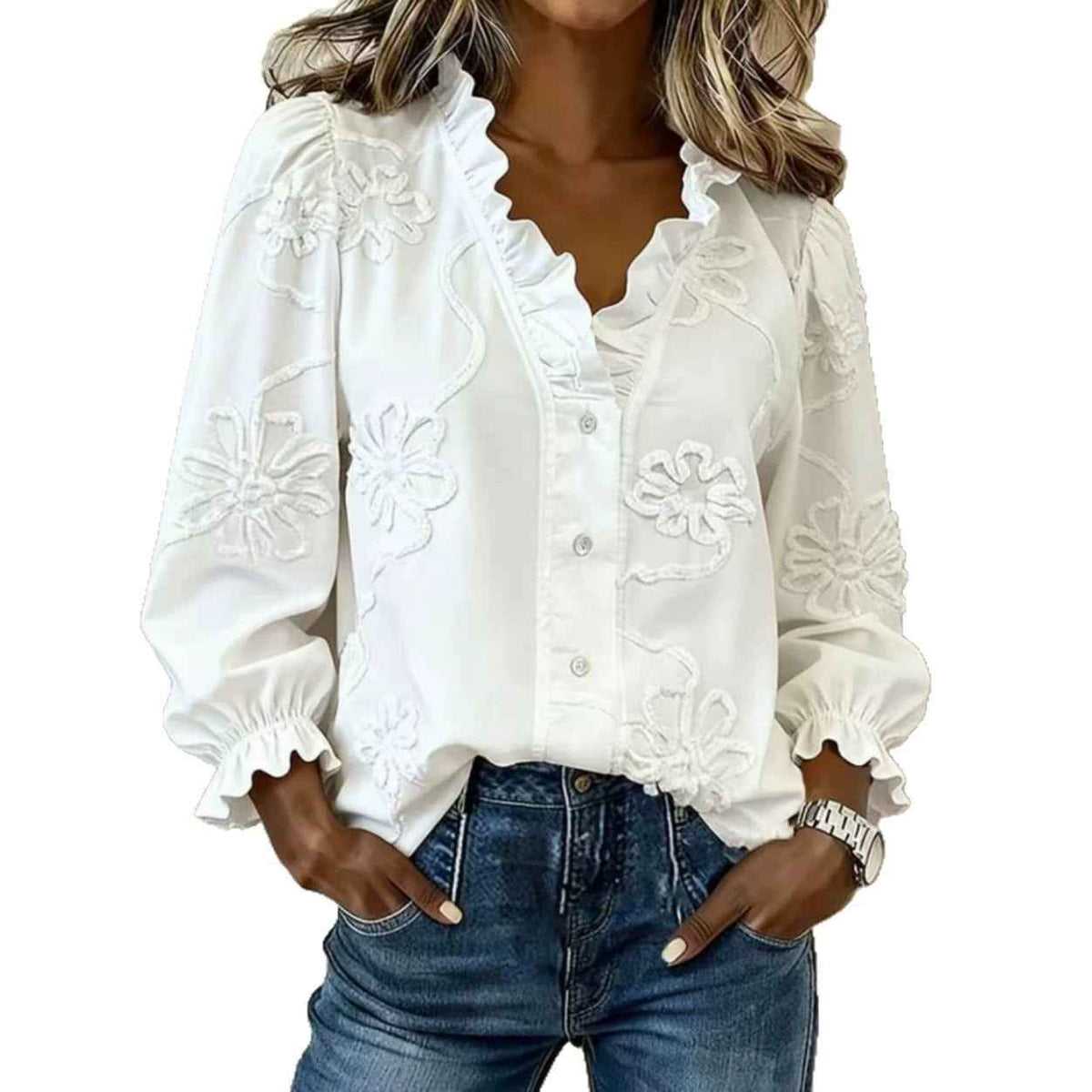 Women's Bamboo Cotton Embroidered V-Neck Shirt | District Hurd Limited