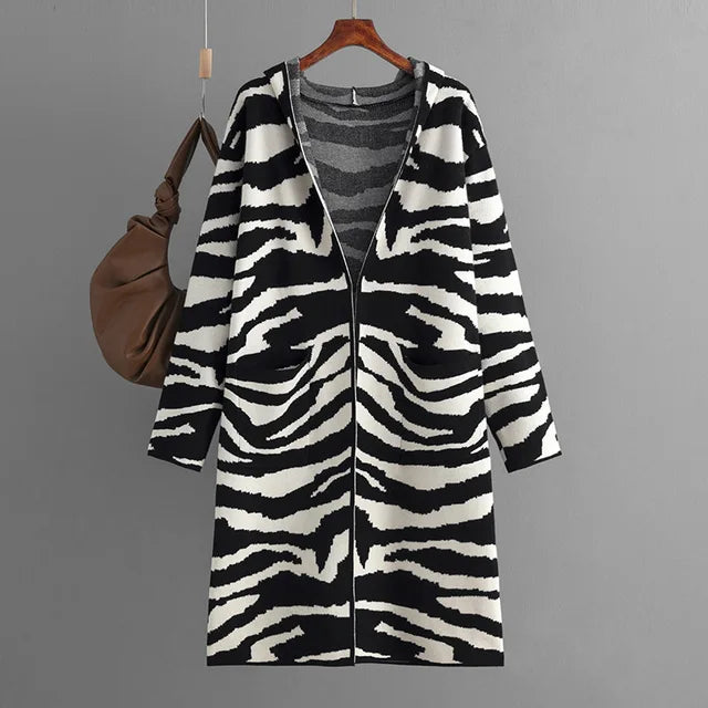 Zebra Patern Open Stitch Women Cardigans Long Knit Female Outerwear Women Hooded Cardigans With Pocket Autumn Winter Coa