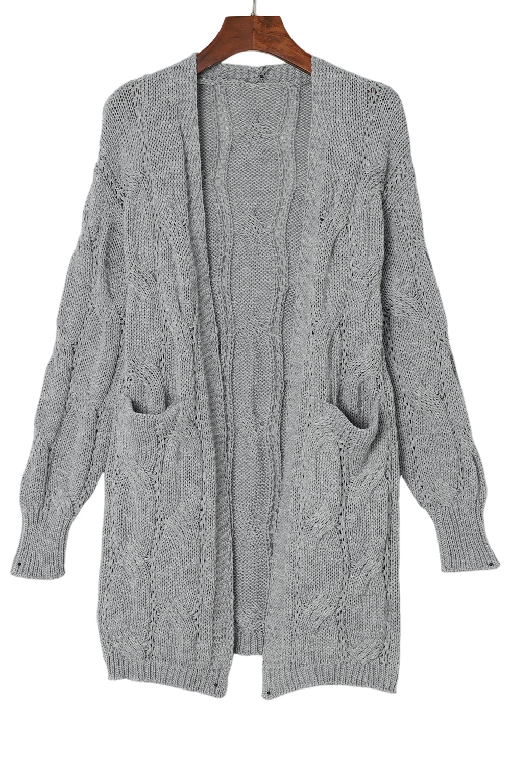 Ribbed Trim Eyelet Cable Knit Cardigan