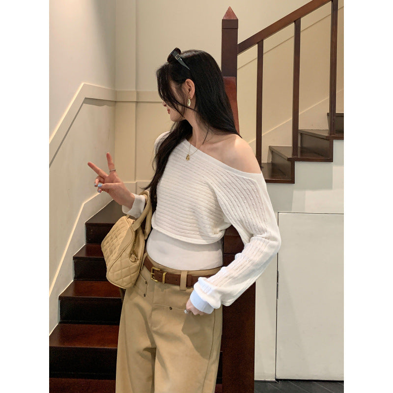 Relaxed Shoulder-Baring Cable Knit Sweater for Women