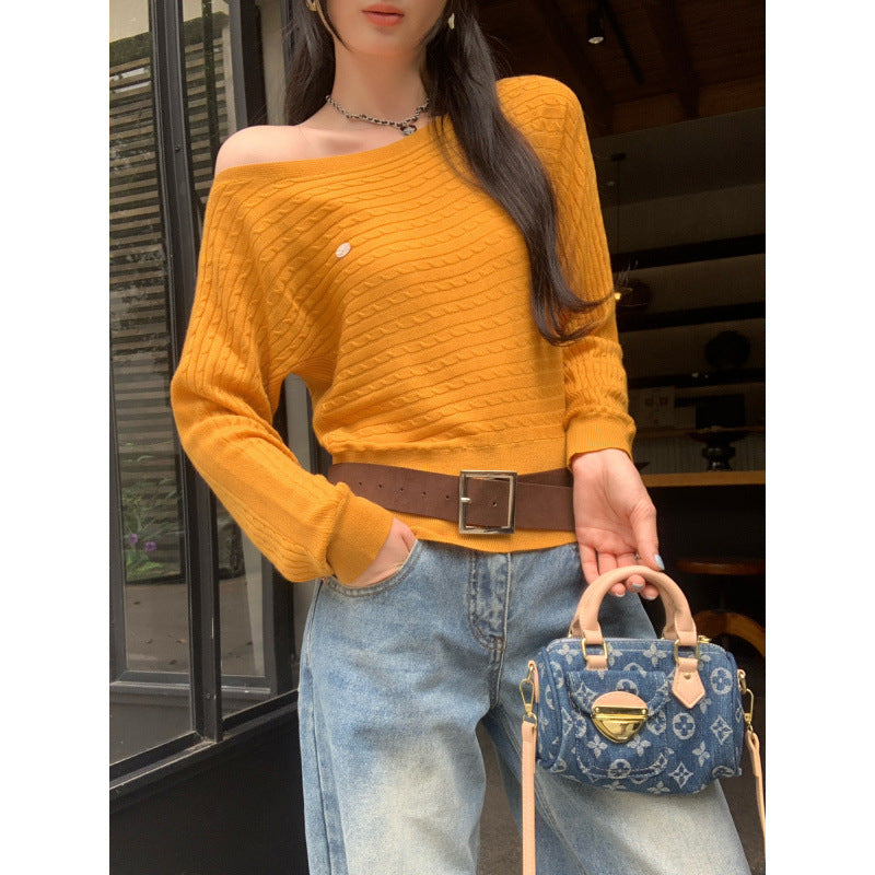 Relaxed Shoulder-Baring Cable Knit Sweater for Women