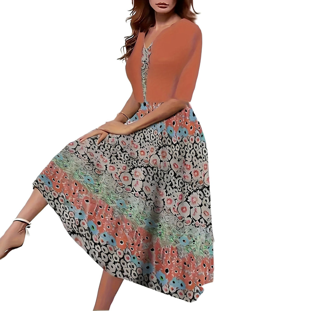 Two-piece long dress with floral and grass print round neckline