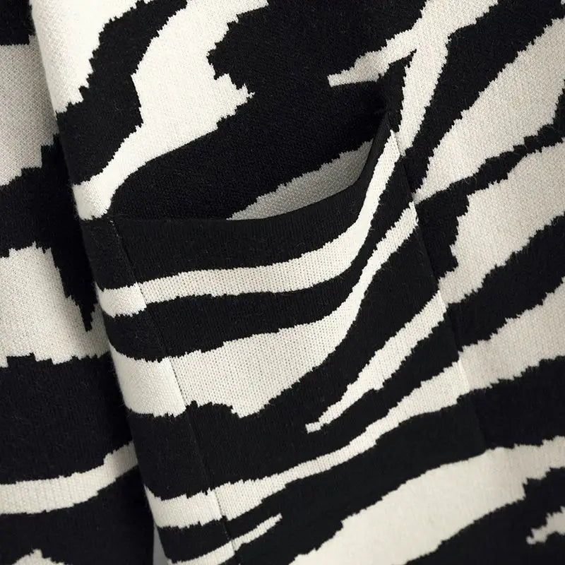Zebra Patern Open Stitch Women Cardigans Long Knit Female Outerwear Women Hooded Cardigans With Pocket Autumn Winter Coa