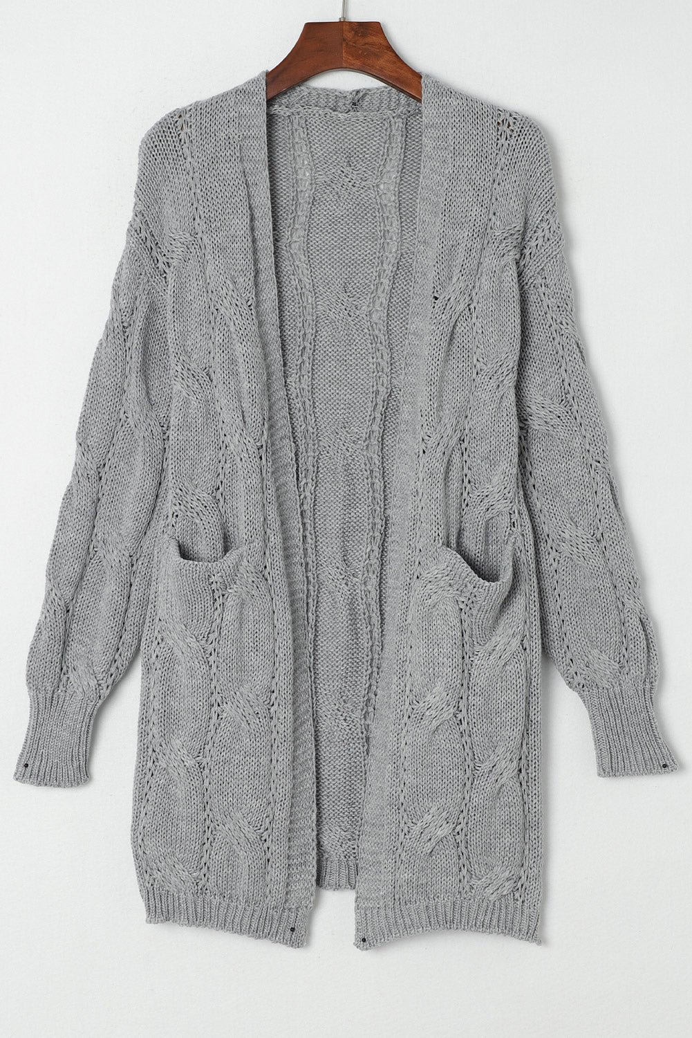 Ribbed Trim Eyelet Cable Knit Cardigan