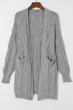 Ribbed Trim Eyelet Cable Knit Cardigan