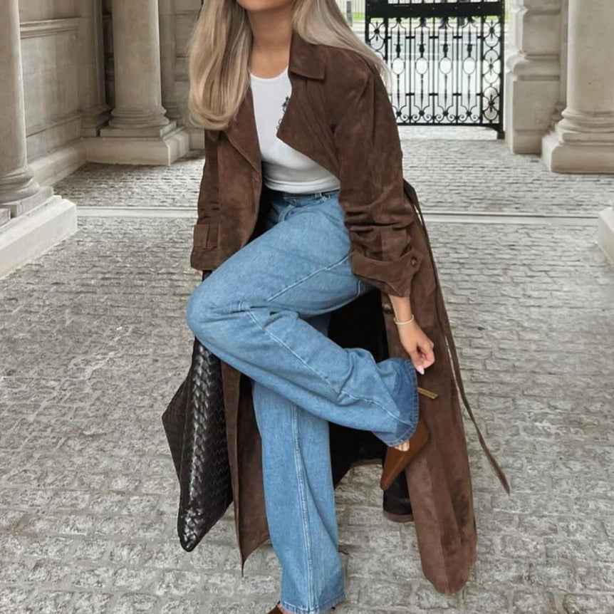 Women's Lace-Up Waist Longline Coat with Lapel Collar | District Hurd Limited