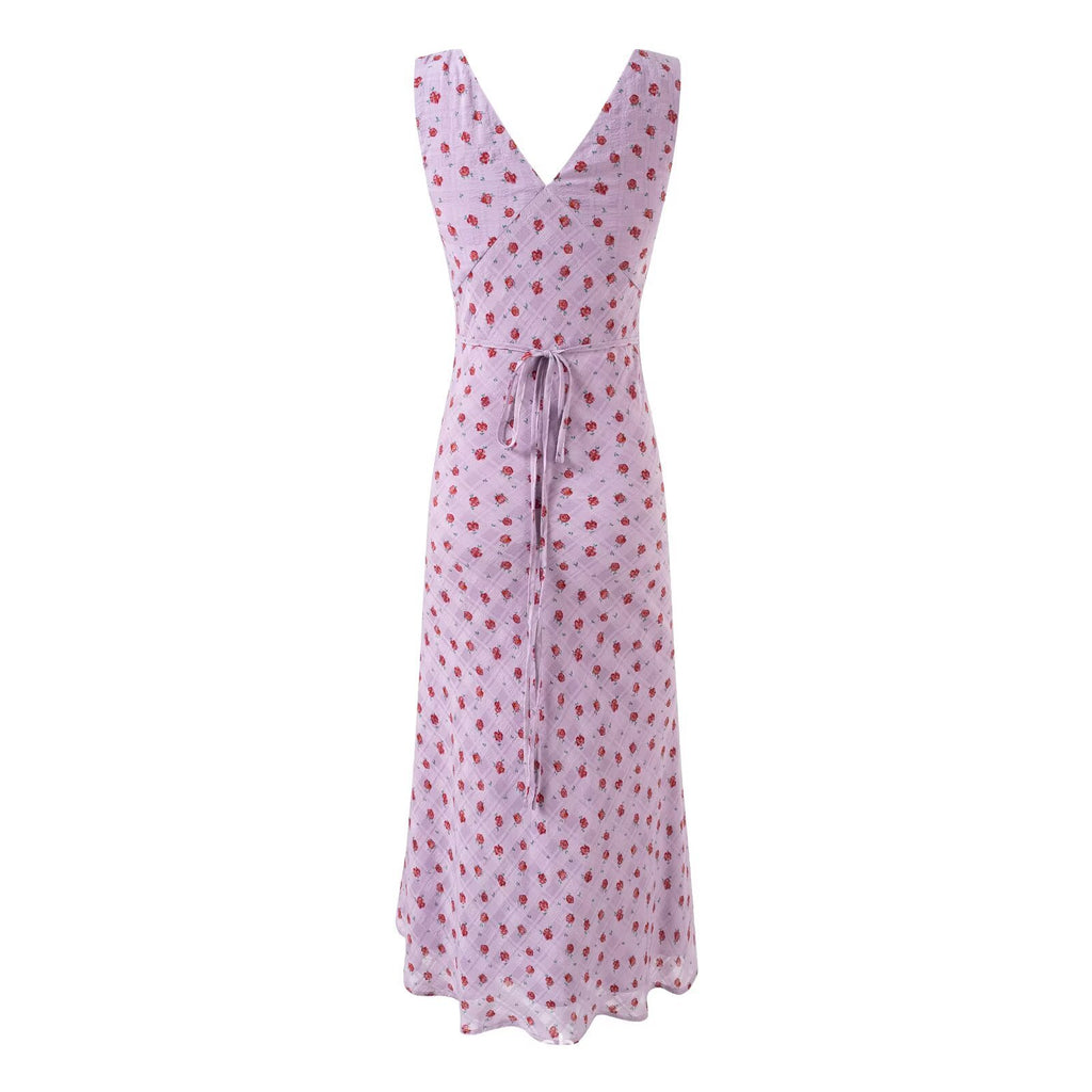 Vintage V-Neck Slim-Fit Sleeveless Floral Dress