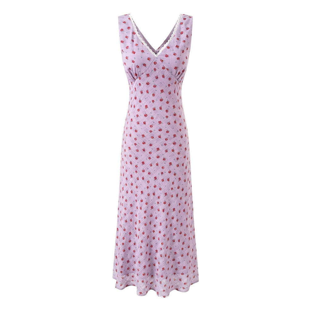 Vintage V-Neck Slim-Fit Sleeveless Floral Dress