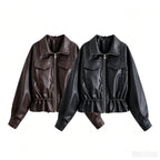 Pocket hem drawstring waist cinching leather jacket for women
