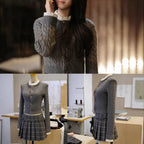 Gray Knit Cable Knit Sweater Plaid Skirt
