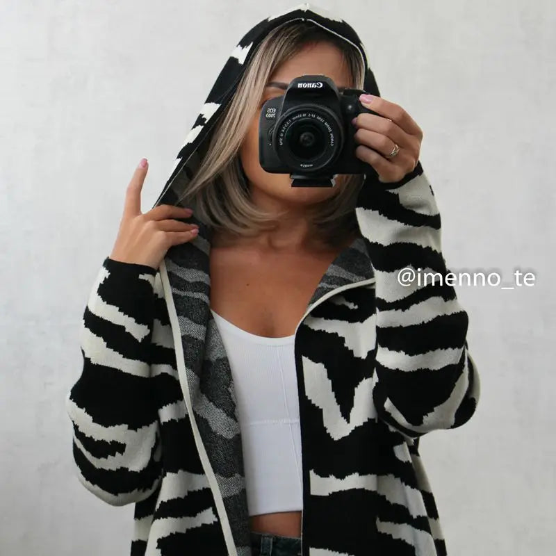 Zebra Patern Open Stitch Women Cardigans Long Knit Female Outerwear Women Hooded Cardigans With Pocket Autumn Winter Coa