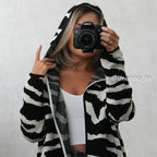 Zebra Patern Open Stitch Women Cardigans Long Knit Female Outerwear Women Hooded Cardigans With Pocket Autumn Winter Coa