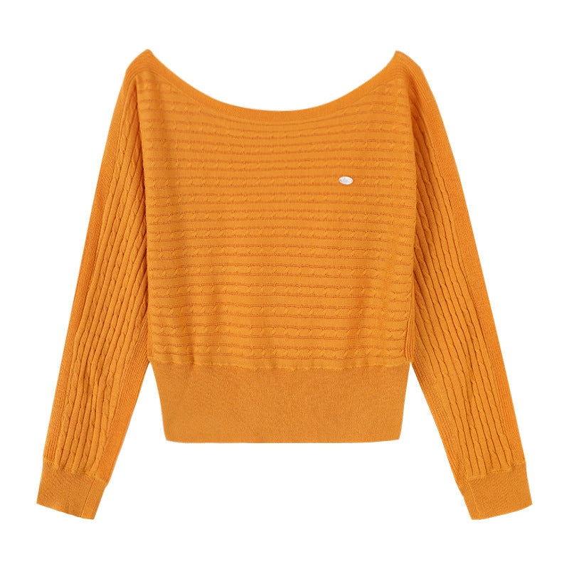 Relaxed Shoulder-Baring Cable Knit Sweater for Women
