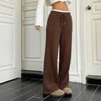 Women's Western Casual High Waist Drawstring Wide Leg Pants with Color Block Splice Design