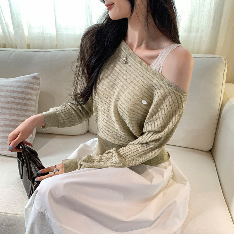 Relaxed Shoulder-Baring Cable Knit Sweater for Women