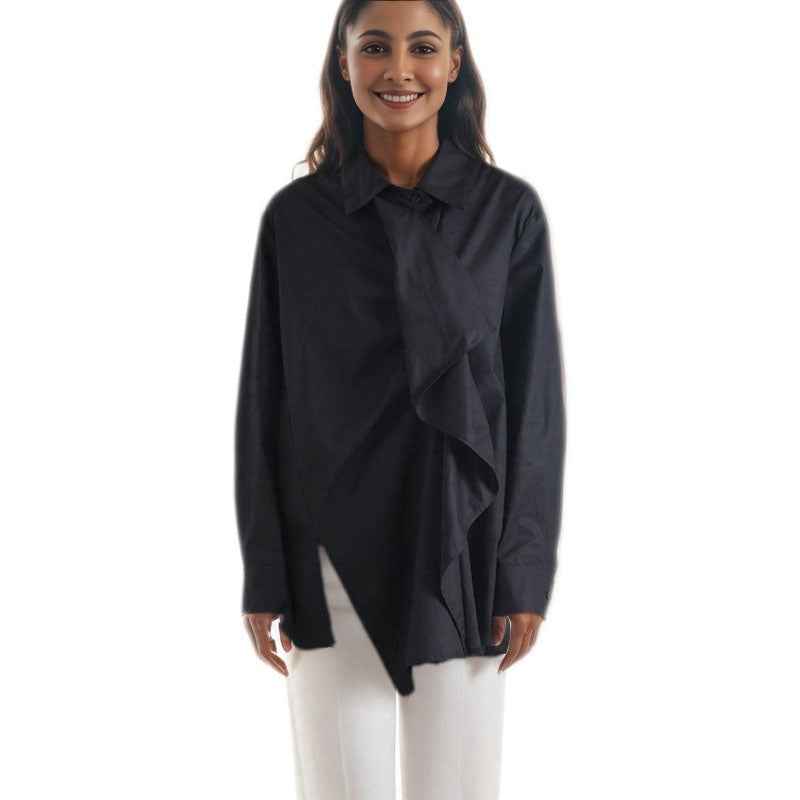 Women's Asymmetric Ruffle-Edge Black Shirt | District Hurd Limited
