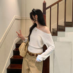 Relaxed Shoulder-Baring Cable Knit Sweater for Women