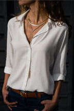 Long Sleeve Deep V-Neck Buttoned Chiffon Blouse