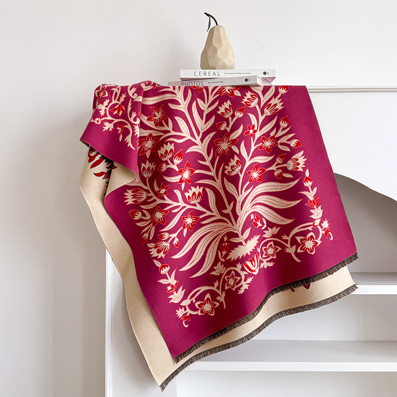 185x65cm Vintage Floral Faux Cashmere Scarf for Women, Thick Warm Neck Wrap