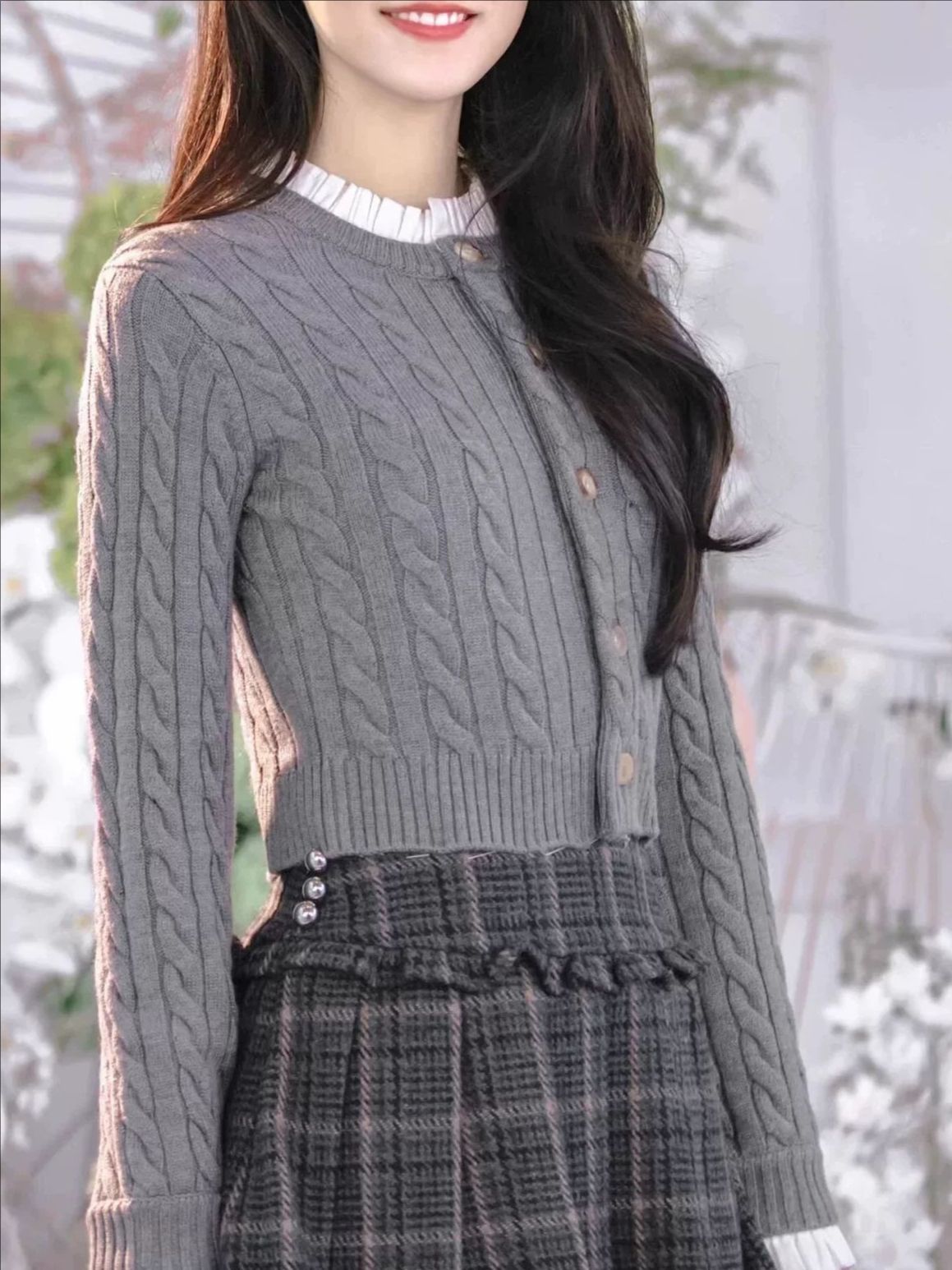 Gray Knit Cable Knit Sweater Plaid Skirt