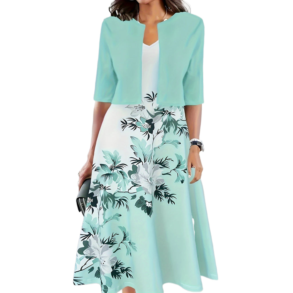 Two-piece long dress with floral and grass print round neckline
