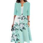 Two-piece long dress with floral and grass print round neckline