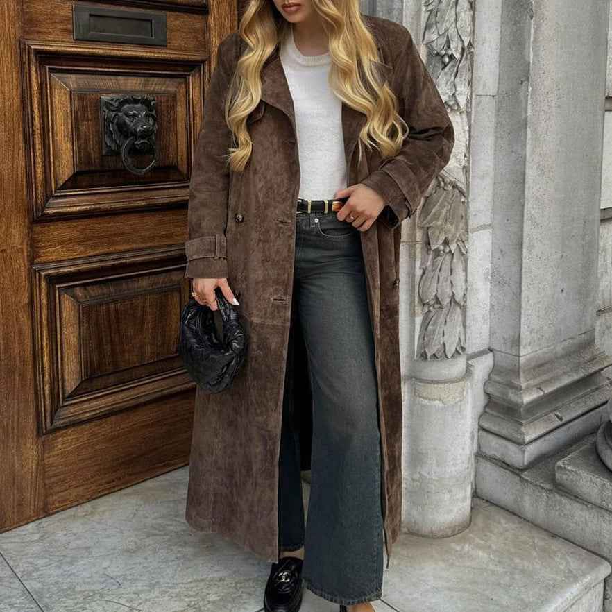 Women's Lace-Up Waist Longline Coat with Lapel Collar | District Hurd Limited