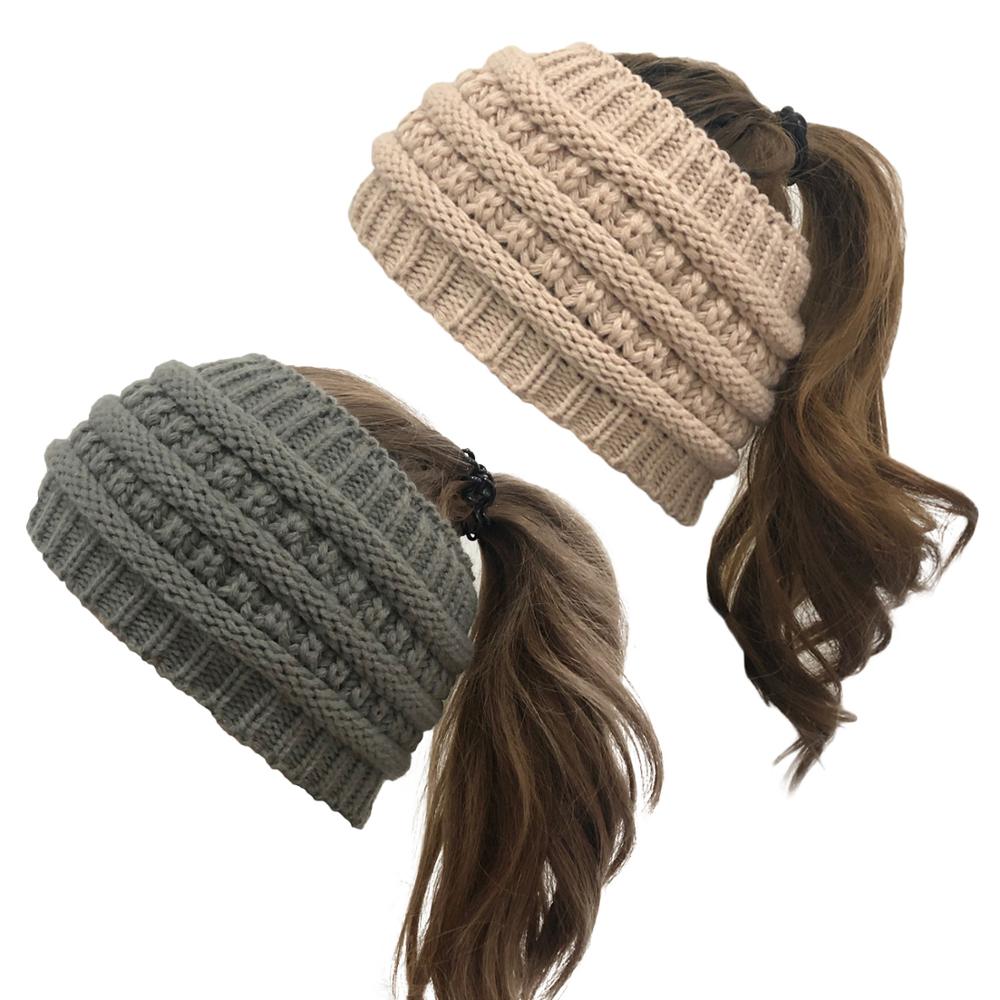 New Ponytail Beanie Women Stretch Knitted Crochet Beanies Winter Hats For Women Hats Cap Warm Lady Messy Bun Wholesale