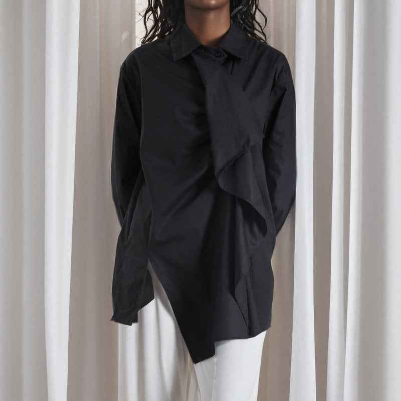 Women's Asymmetric Ruffle-Edge Black Shirt | District Hurd Limited