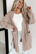 Ribbed Trim Eyelet Cable Knit Cardigan