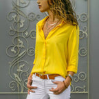Long Sleeve Deep V-Neck Buttoned Chiffon Blouse