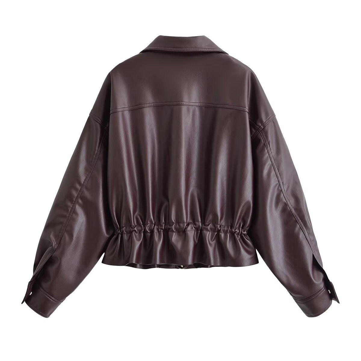 Pocket hem drawstring waist cinching leather jacket for women