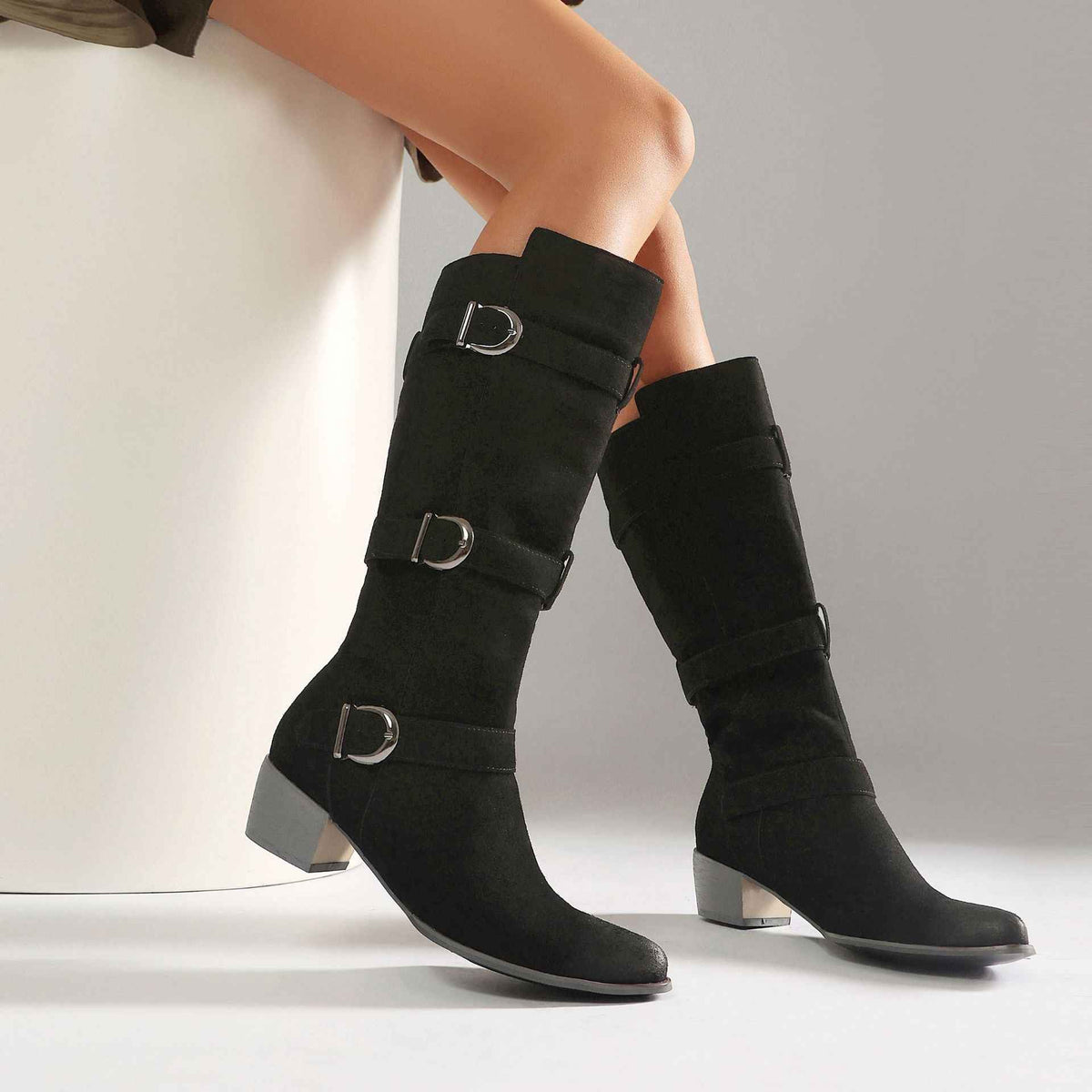 Women's Suede Over-the-Knee Boots with Chunky Heel & Belt Buckle | District Hurd Limited