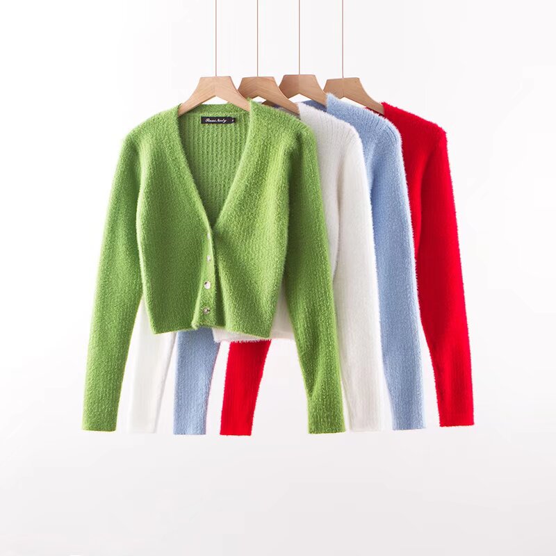 Women Slim Deep V-neck Long Sleeve Cardigan Sweater